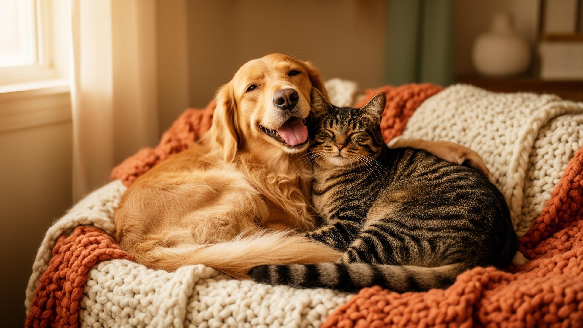 A golden retriever and tabby cat cuddling on a cozy blanket